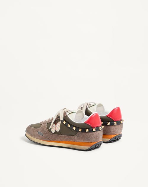 Valentino Garavani - Stud Up Trainer In Split Leather And Nylon With Butterfly Embroidery - Olive Green/multicolour - Man - Trainers