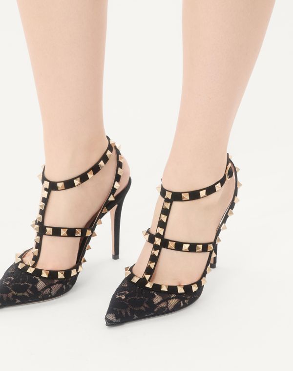 Valentino Garavani Rockstud Riemchenpumps Mit Spitzendesign, 100 Mm Frau Schwarz 41.5 In Black