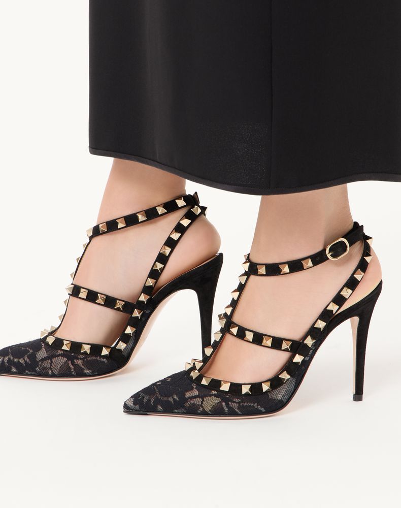 Valentino Garavani Rockstud Lace Pump With Straps 100Mm Woman Black 41