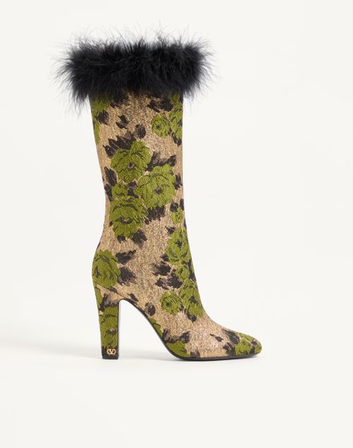Valentino Garavani - Hotty Boot In Lurex Jacquard Fabric And Feathers 100mm - Gold/green - Woman - Boots And Ankle Boots
