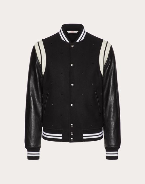 All-over Rockstud Spike Wool Cloth And Leather Bomber for Man Black/white | Valentino US