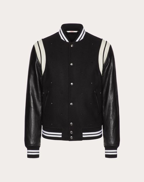 ALL-OVER ROCKSTUD SPIKE WOOL CLOTH AND LEATHER BOMBER JACKET