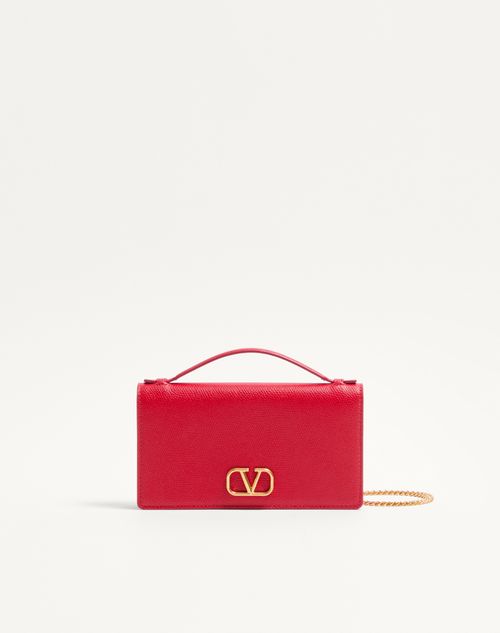 Valentino Garavani - Vlogo Signature Grainy Calfskin Wallet With Chain - Rouge Pur - Woman - Valentino Garavani Vlogo Signature Mini Bags New