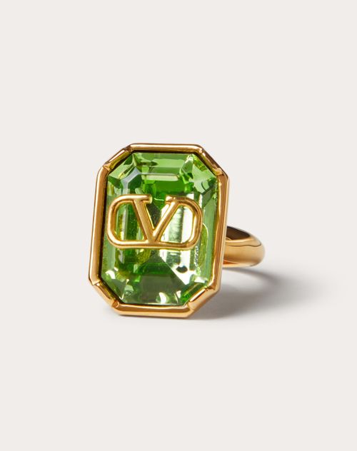 Valentino Garavani - Vlogo Signature Metal Ring With Crystals E-commerce Exclusive - Gold/green - Woman - Accessories