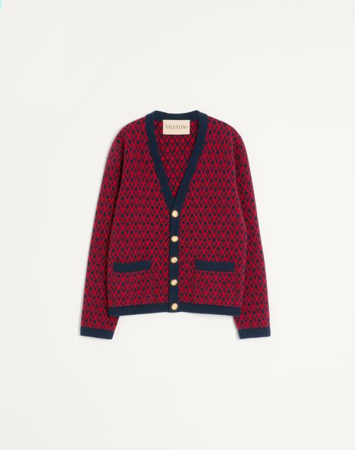Valentino - Wool Cardigan With Toute La V Pattern - Navy/ Red - Man - Shelf - Mrtw - Fancy Daywear W1