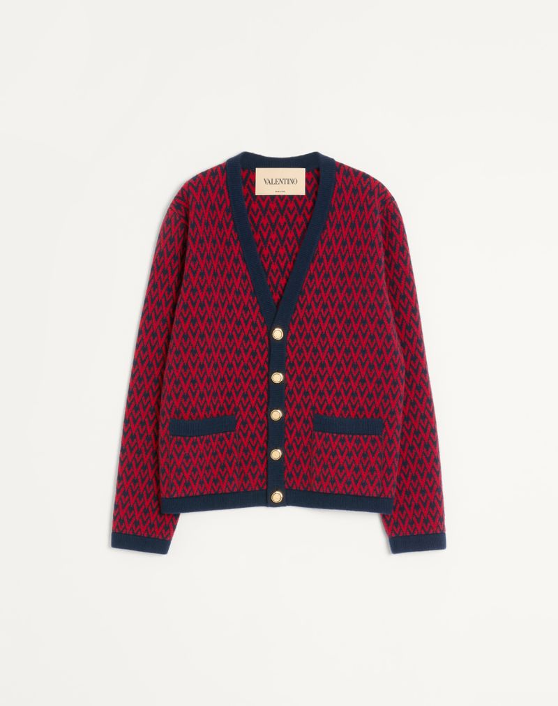 Cardigan Laine Motif Toute La V Bleu Marine/Rouge — Valentino
