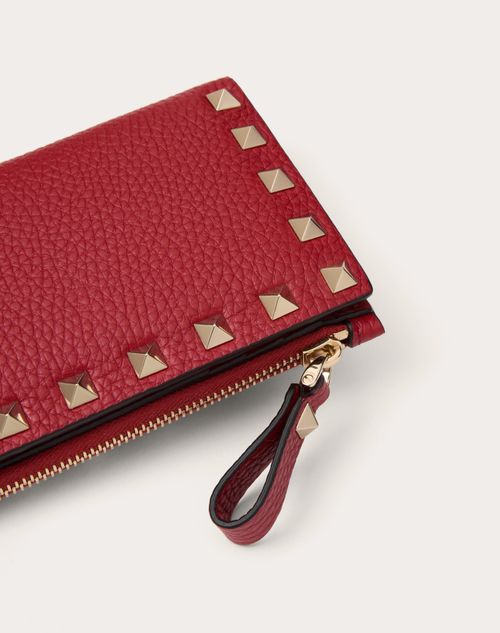 Valentino Garavani - Porte-cartes Rockstud Zippé En Cuir De Veau Grainé - Rosso Valentino - Femme - Portefeuilles Et Petite Maroquinerie