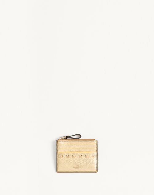 Valentino Garavani - Rockstud Laminated Grainy Calfskin Card Holder With Zipper - Antique Brass - Woman - Wallets And Small Leather Goods