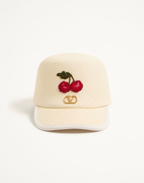 Valentino Garavani - Cherryfic Baseball Cap In Straw - Natural/multicolour - Woman - Hats And Gloves