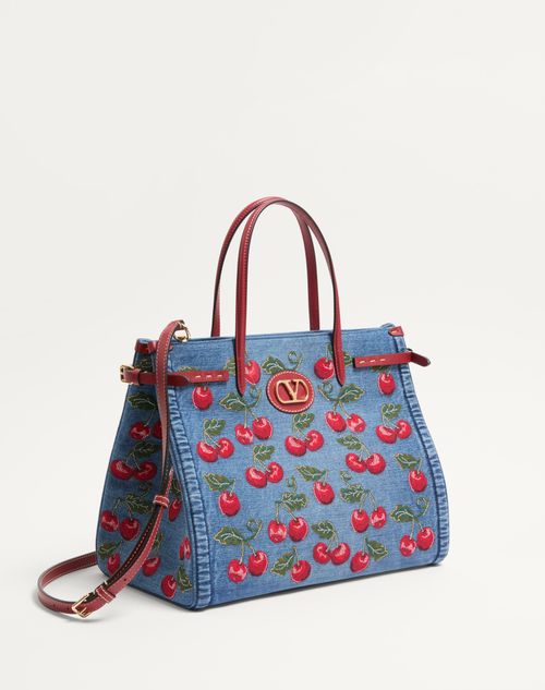 Valentino Garavani - Valentino Garavani Antibes Medium Shopping Bag In Denim With Cherryfic Embroidery - Denim/multicolour - Woman - Totes