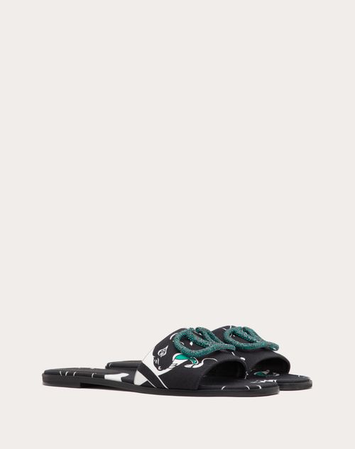 Valentino Garavani - Valentino Garavani Escape Slide Sandal In Canvas With Panther Print - Black/white/green - Woman - Vlogo Signature - Shoes