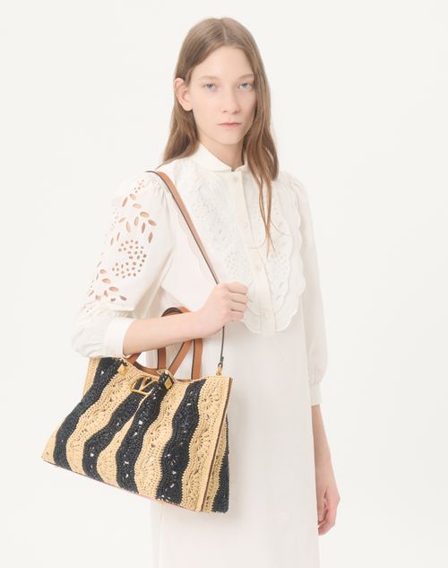 Valentino Garavani - Valentino Garavani Medium Raffia Shopping Bag With Wave Motif. - Natural/black - Woman - Totes