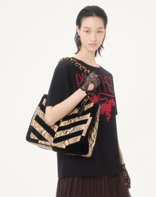 Valentino Garavani - Valentino Garavani Laseine Shopping Bag In Python And Chevron-patterned Suede - Beige/black - Woman - Totes