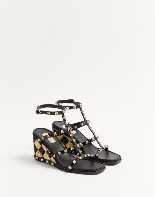 Rockstud Wedge Sandal In Calfskin With Check Embroidery 80mm Rockstud Wedge Sandal In Calfskin With Check Embroidery 80mm