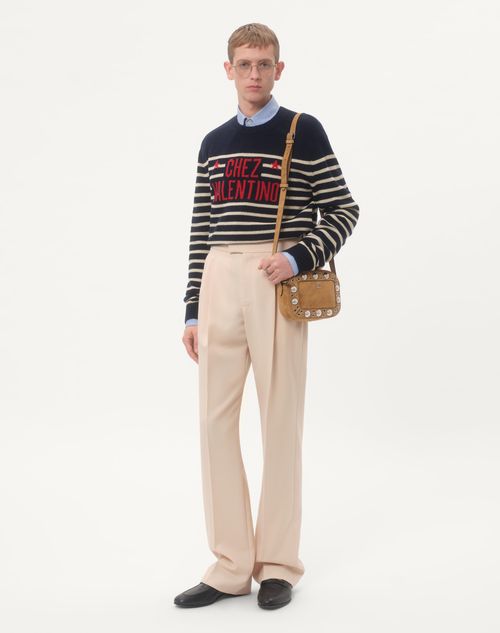 Valentino - Wool Sweater With Chez Valentino Jacquard Motif - Blue/butter - Man - Knitwear