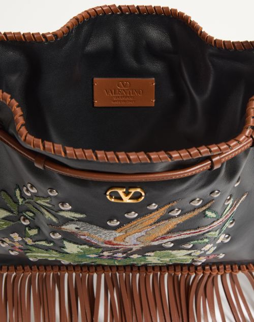Valentino Garavani - VALENTINO GARAVANI NELLCÔTE ALICE EMBROIDERED BAG WITH FRINGES - Black/multicolor/tobacco - Woman - Shoulder Bags