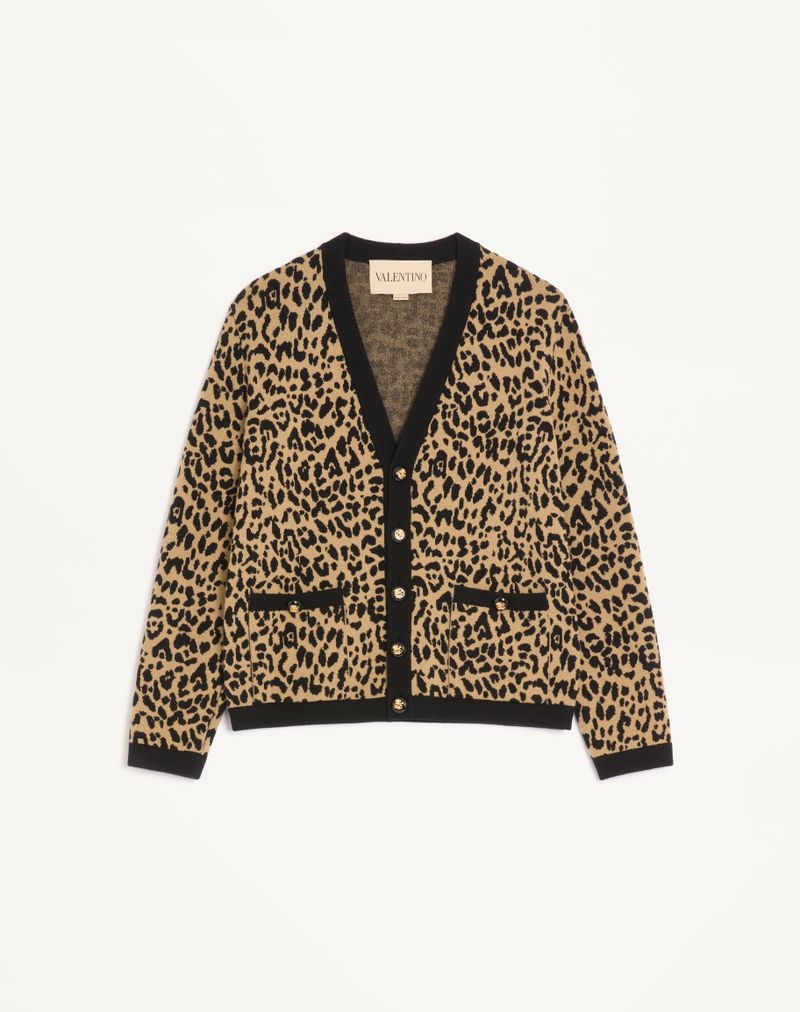 Cardigan Laine Jacquard Fauve Éclat Animal Print — Valentino