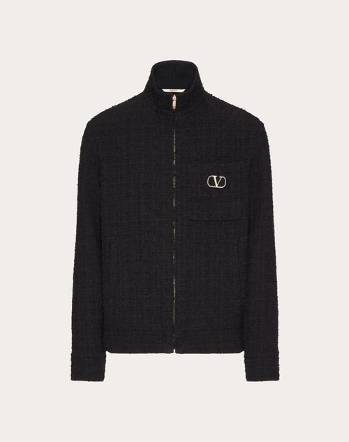 Valentino - Cotton Tweed Sweatshirt With Zipper And Vlogo Signature Patch - Black - Man - Apparel