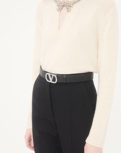 Valentino Garavani - Vlogo Signature Belt In Shiny Calfskin With Crystals 30 Mm - Black - Woman - Belts - Accessories