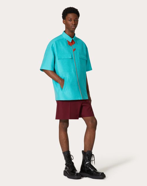 Valentino - Wool And Silk Bowling Shirt With Flower Embroidery - Turquoise - Man - New Arrivals