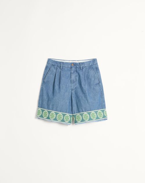 Valentino - Denim Bermuda Shorts With Jacquard Hem - Denim - Man - Denim