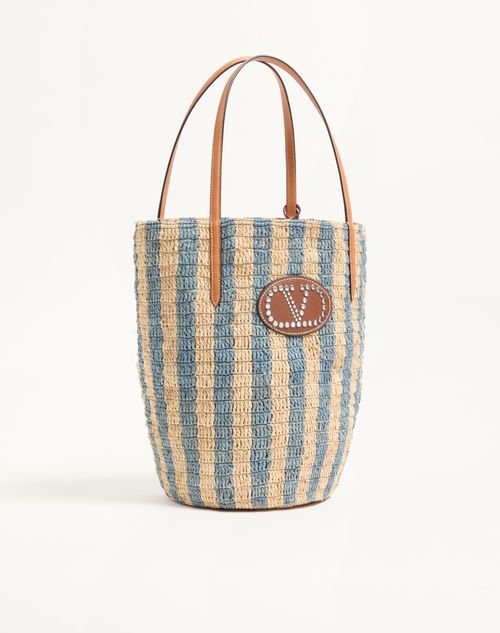 Valentino Garavani - Cabas Valentino Garavani En Raphia À Motif Rayé. - Naturel/bleu D'azur - Femme - Cabas