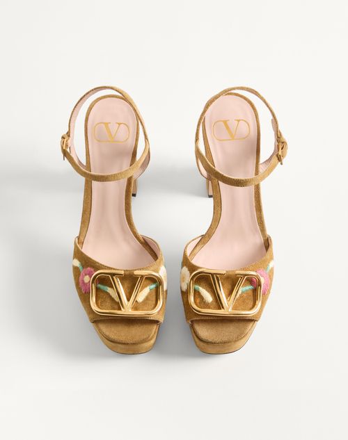 Valentino Garavani - Vlogo Signature Platform Sandal In Split Leather With Floral Embroidery 115 Mm - Havana Beige - Woman - Sandals