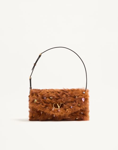 Valentino Garavani - Valentino Garavani Devain Small Shoulder Bag In Lamb Fur With Rhinestones. - Brown/multicolour - Woman - Shoulder Bags