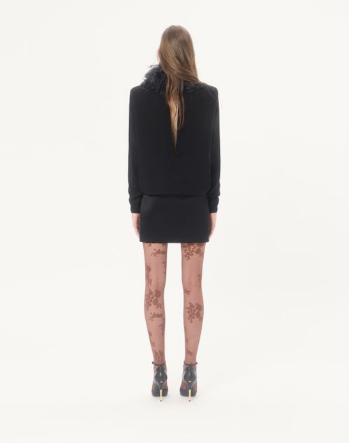Valentino - Abito Corto In Georgette Con Piume - Nero - Donna - Abiti