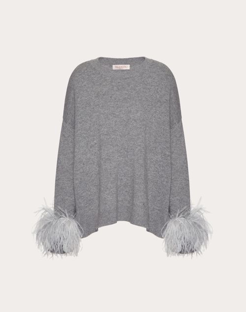 Valentino - Wool Jumper With Feathers - Grey - Woman - Shelf - Pap 
