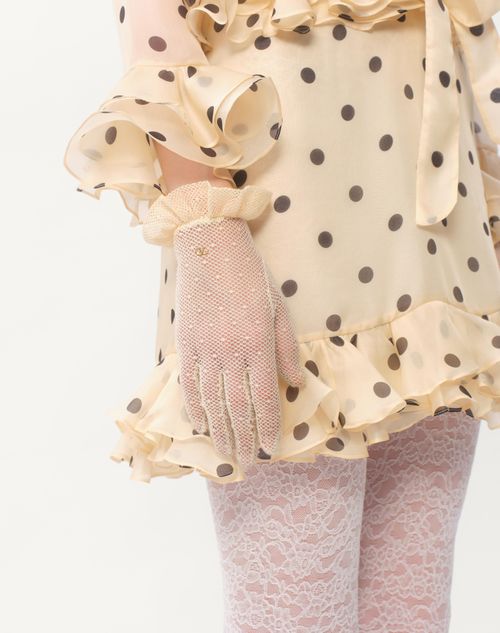 Valentino Garavani - Vlogo Signature Gloves In Cotton And Tulle - Birch/gold - Woman - Hats And Gloves