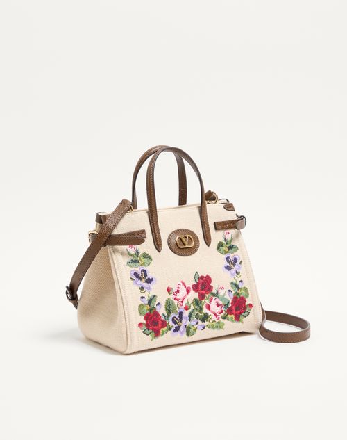Valentino Garavani - Valentino Garavani Antibes Small Embroidered Linen Shopping Bag - Ecru/multicolour - Woman - Totes