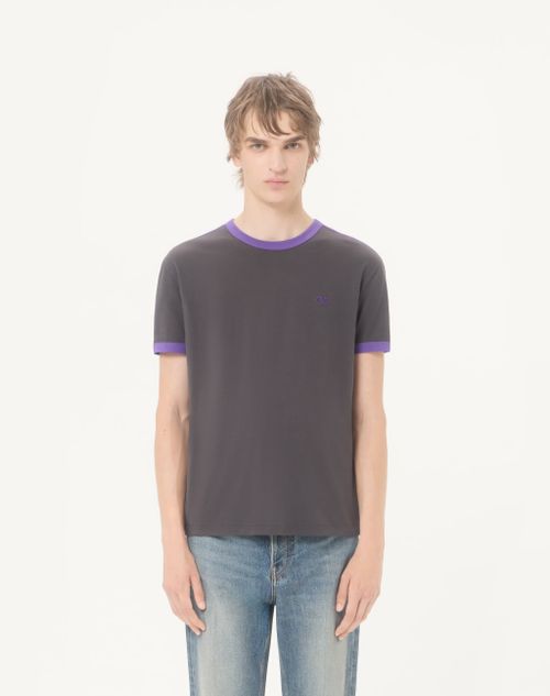 Valentino - Valentino Cotton T-shirt With Crew Neck, Contrasting Side Bands And Vlogo Embroidery - Anthracite/purple - Man - T-shirts And Sweatshirts