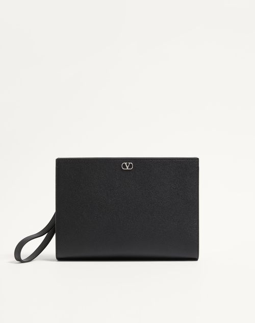 Valentino Garavani - Valentino Garavani Vlogo Signature Grainy Calfskin Pouch - Black - Man - Clutches And Pouches