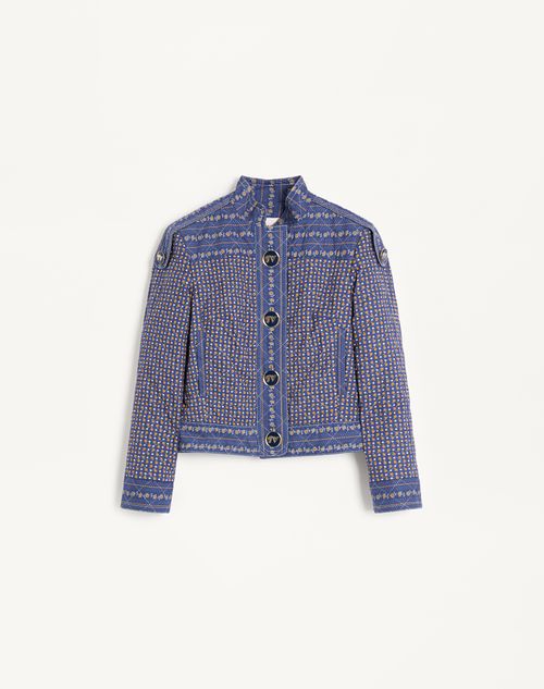 Valentino - Caban In Mussola Riga Microfiore Voyage Imaginaire - Blue/yellow/white - Woman - Jackets And Blazers