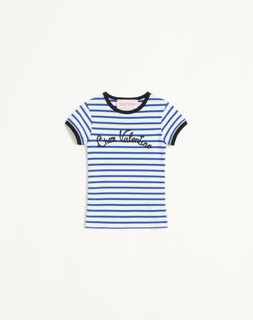 Valentino - Striped Jersey Cotton T-shirt - Ivory/blue - Woman - Shelf - Wrtw - W3