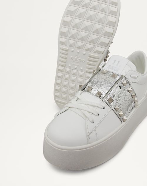 Valentino Garavani - Rockstud Untitled Flatform Sneaker In Calfskin With Metallic 
crackle-effect Band - White/silver - Woman - Sneakers