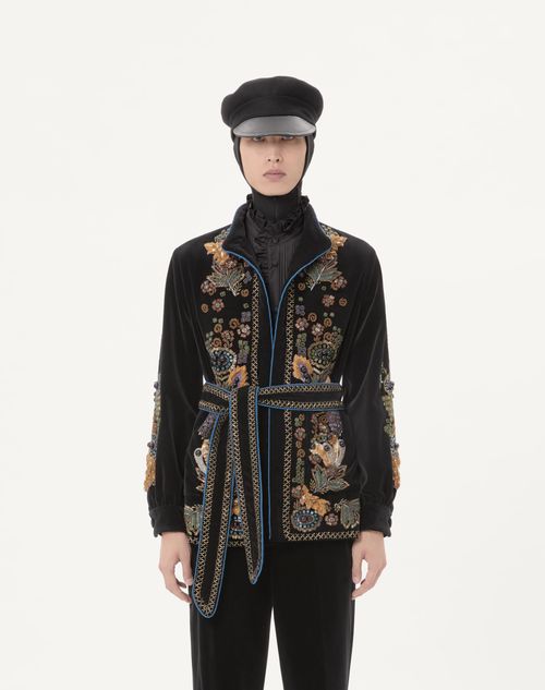Valentino - Valentino Cotton Velvet Jacket With Belt And Embroidery - Black - Man - Coats And Blazers