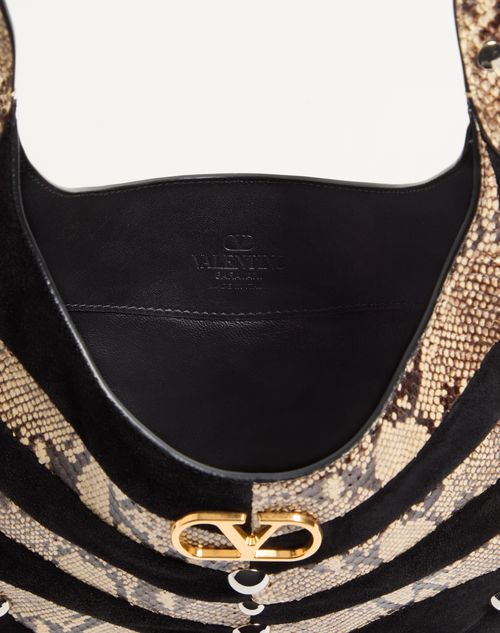 Valentino Garavani - Valentino Garavani Hoboho Small Hobo Bag In Python And Chevron-patterned Suede With Studs. - Beige/black - Woman - Shoulder Bags