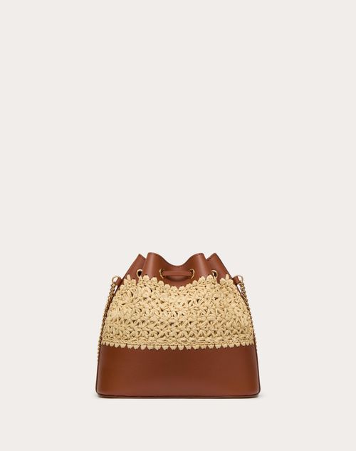 Mini Raffia Bucket Bag With Vlogo Signature Chain for Woman in Natural ...