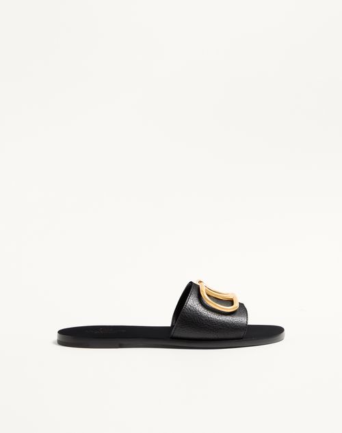 Valentino Garavani - Vlogo Signature Slide Sandal In Grainy Cowhide With Accessory - Black - Woman - Slides And Thongs