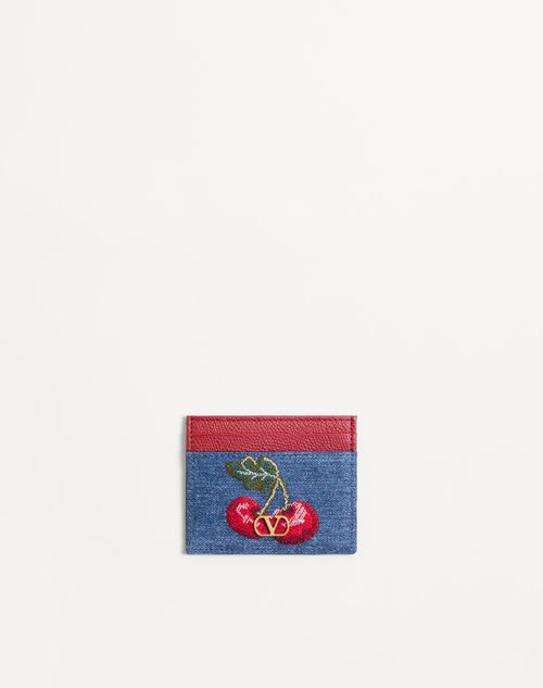 Valentino Garavani - Vlogo Signature Denim Cardholder With Cherryfic Embroidery - Denim/multicolour - Woman - Wallets And Small Leather Goods