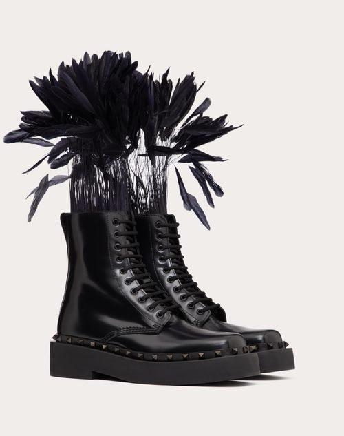 Valentino Garavani - Rockstud M-way Combat Boot In Calfskin With Feathers 50mm - Black - Man - Man Shoes Sale