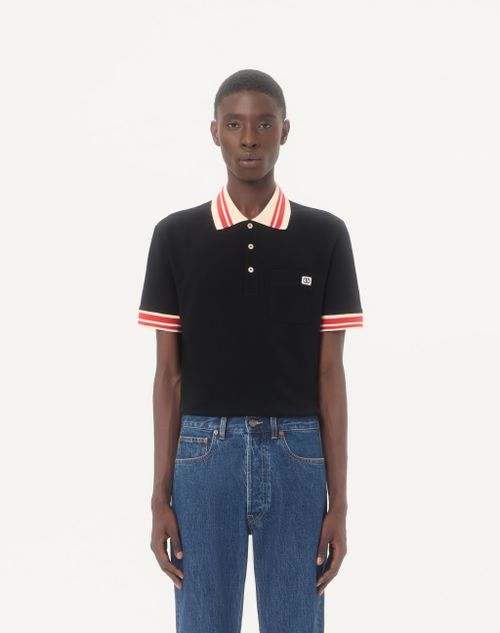 Valentino - Cotton Piqué Polo Shirt With Vlogo Patch - Black - Man - T-shirts And Sweatshirts