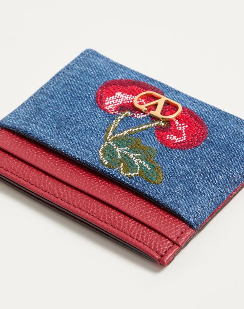 Valentino Garavani - Vlogo Signature Denim Cardholder With Cherryfic Embroidery - Denim/multicolour - Woman - Wallets And Small Leather Goods