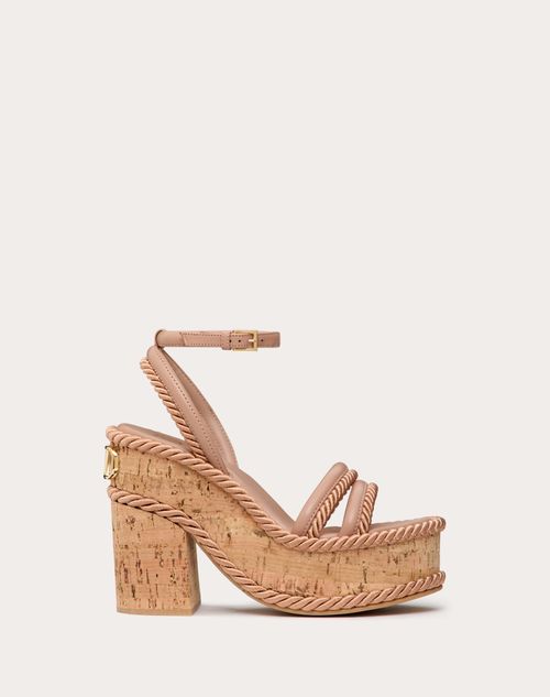 Valentino Garavani - Sandalias Vlogo Summerblocks Con Tacón En Cuña De Cuero Napa Y Paño De Seda, Con Tacón De 130 mm - Rose Cannelle - Mujer - Espadrilles - Shoes