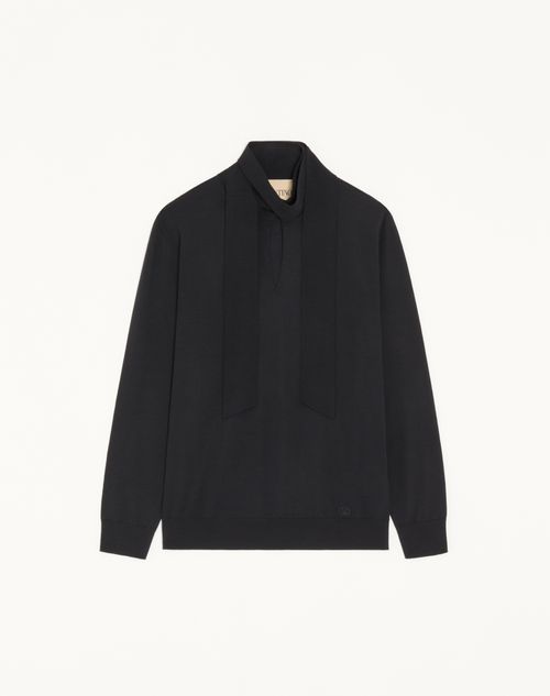 Valentino - Maglia Valentino In Lana Con Collo A Sciarpa E Ricamo Vlogo - Nero - Uomo - Maglieria