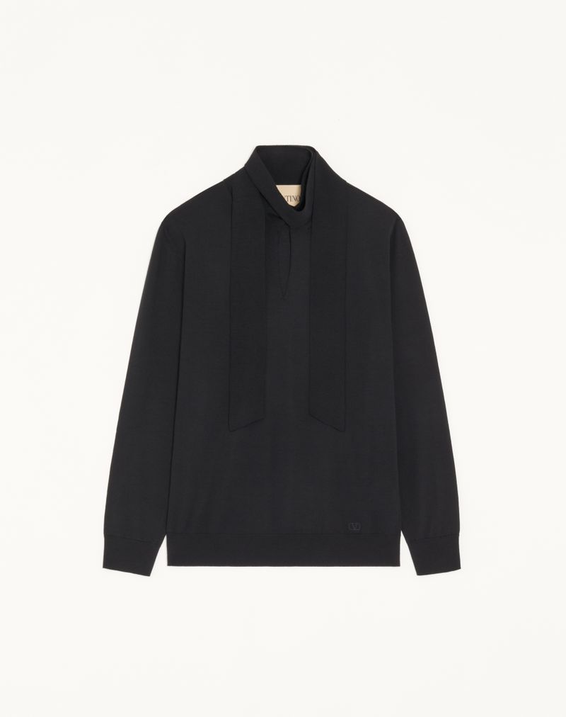 Pull Laine Foulard Encolure Broderie VLogo Noir — Valentino