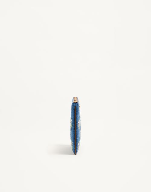 Valentino Garavani - Valentino Garavani Vlogo Signature Clutch Bag In Denim With Floral Embroidery - Denim - Woman - Clutches