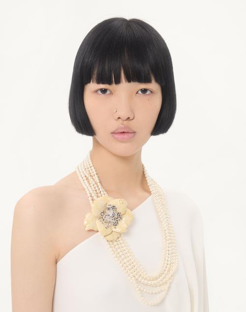 Valentino Garavani - Fleur Lumineuse Necklace In Metal, Enamel, Pearls And Fabric - Gold/cream - Woman - Fashion Jewelry